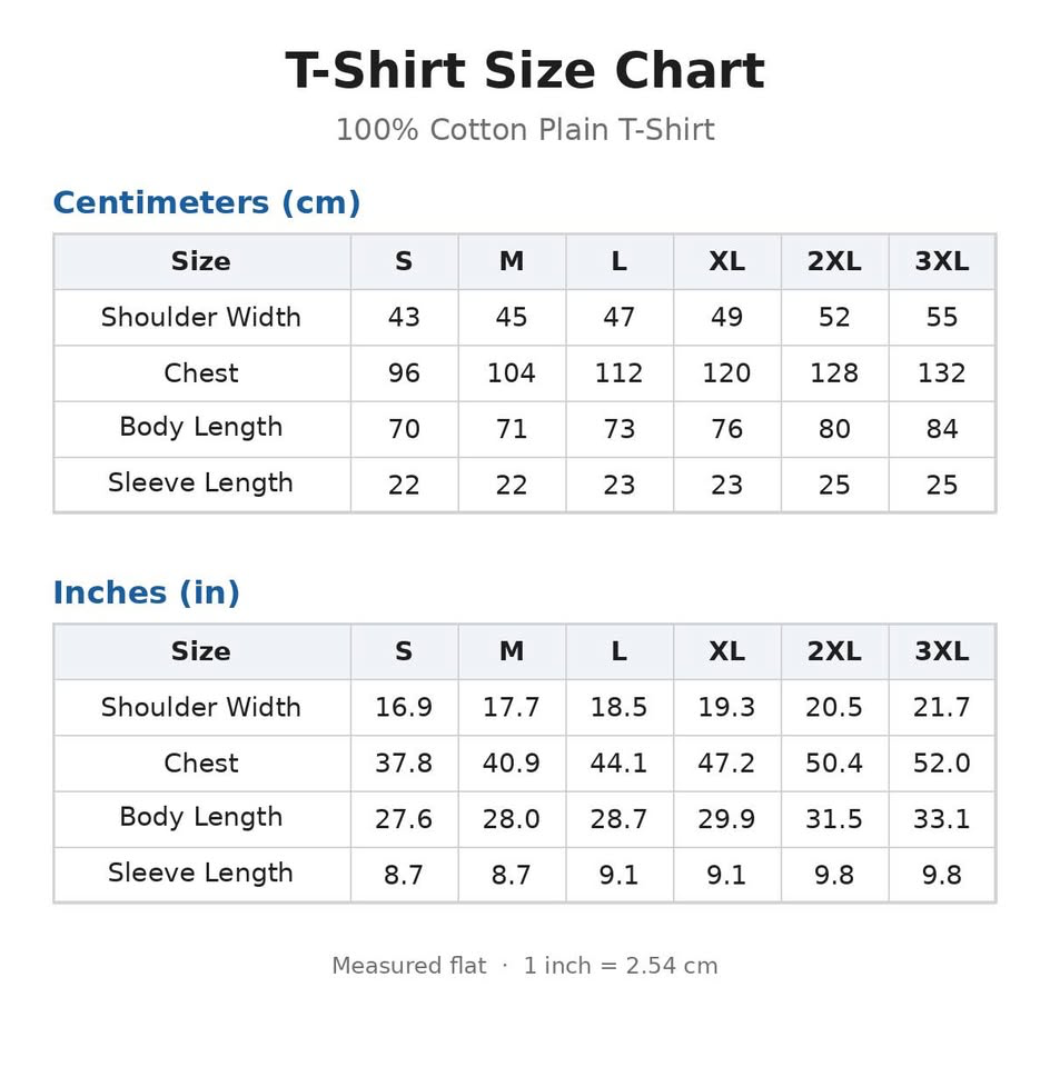 DAILYHEM T-shirt size chart, centimeters and inches